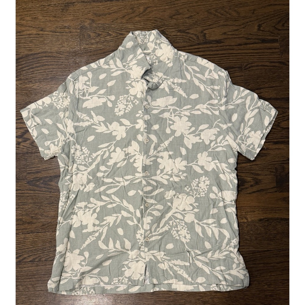 Porter & Ash Shirt Men XL Green Floral Print Linen Blend Casual Button Down